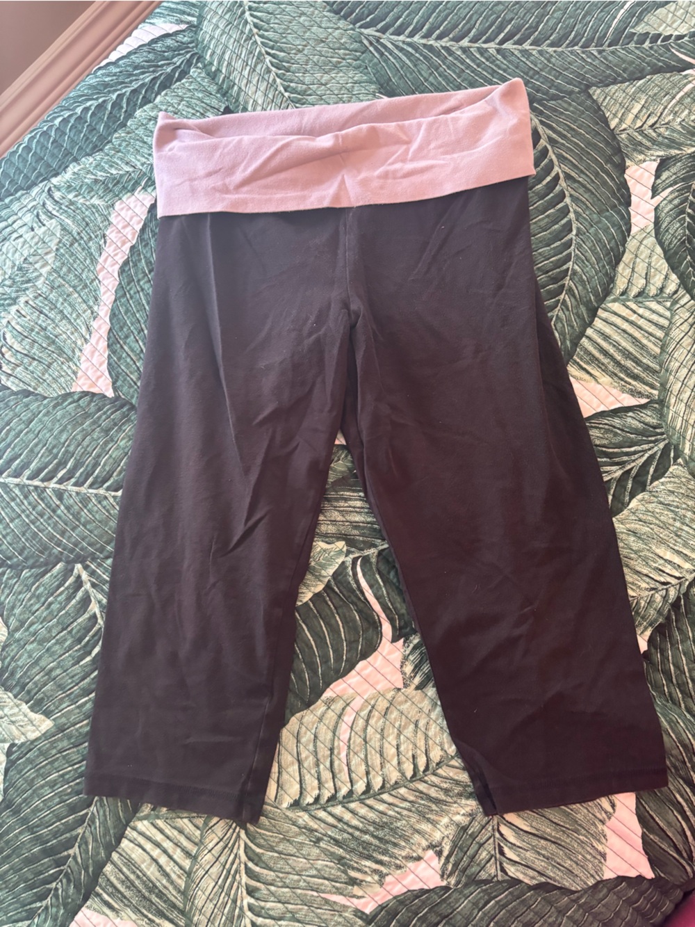 PINK Victoria's Secret Black Capri Leggings with Mauve Fold-Over Waistband